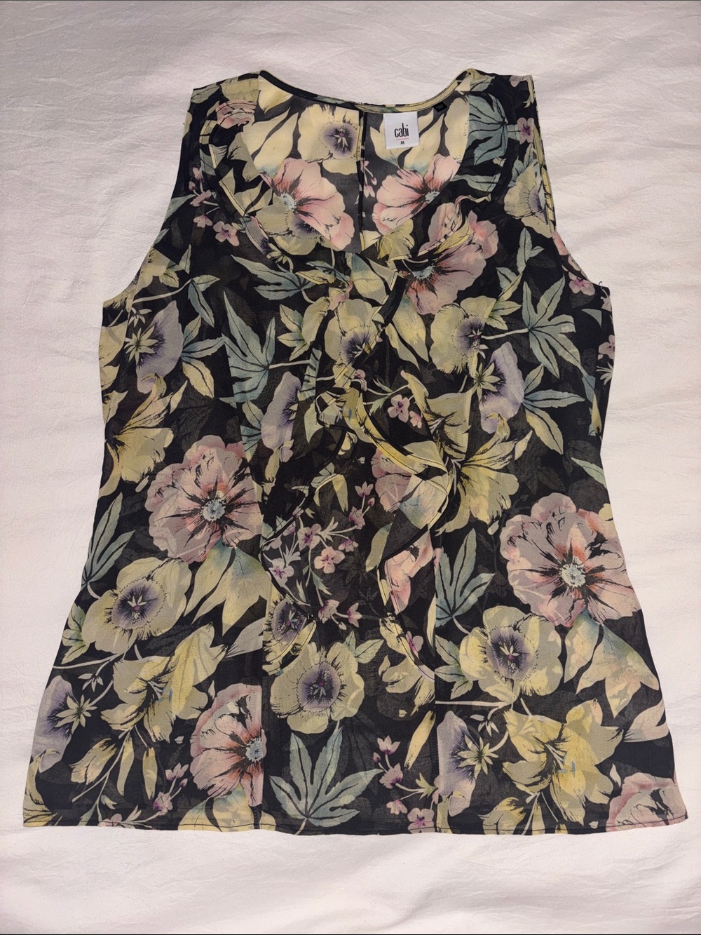 CAbi Black Floral V-Neck Sleeveless Top